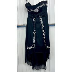 XOXO Dress S Black Mesh Vampy Beaded Y2K Strapless High Low Layers